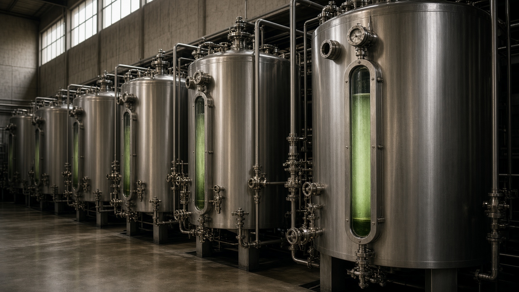 Stainless bioreactors in a quiet laboratory hall, a sight glass showing pale green culture