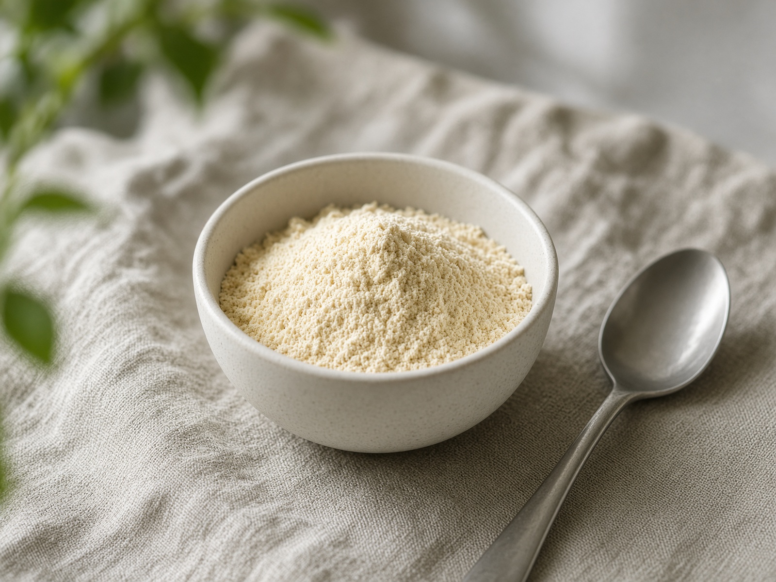 A ceramic bowl of fine ivory protein powder on linen